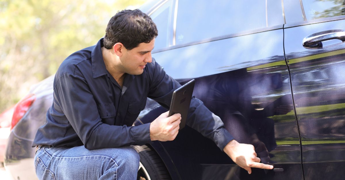 man looking at car accident evidence
